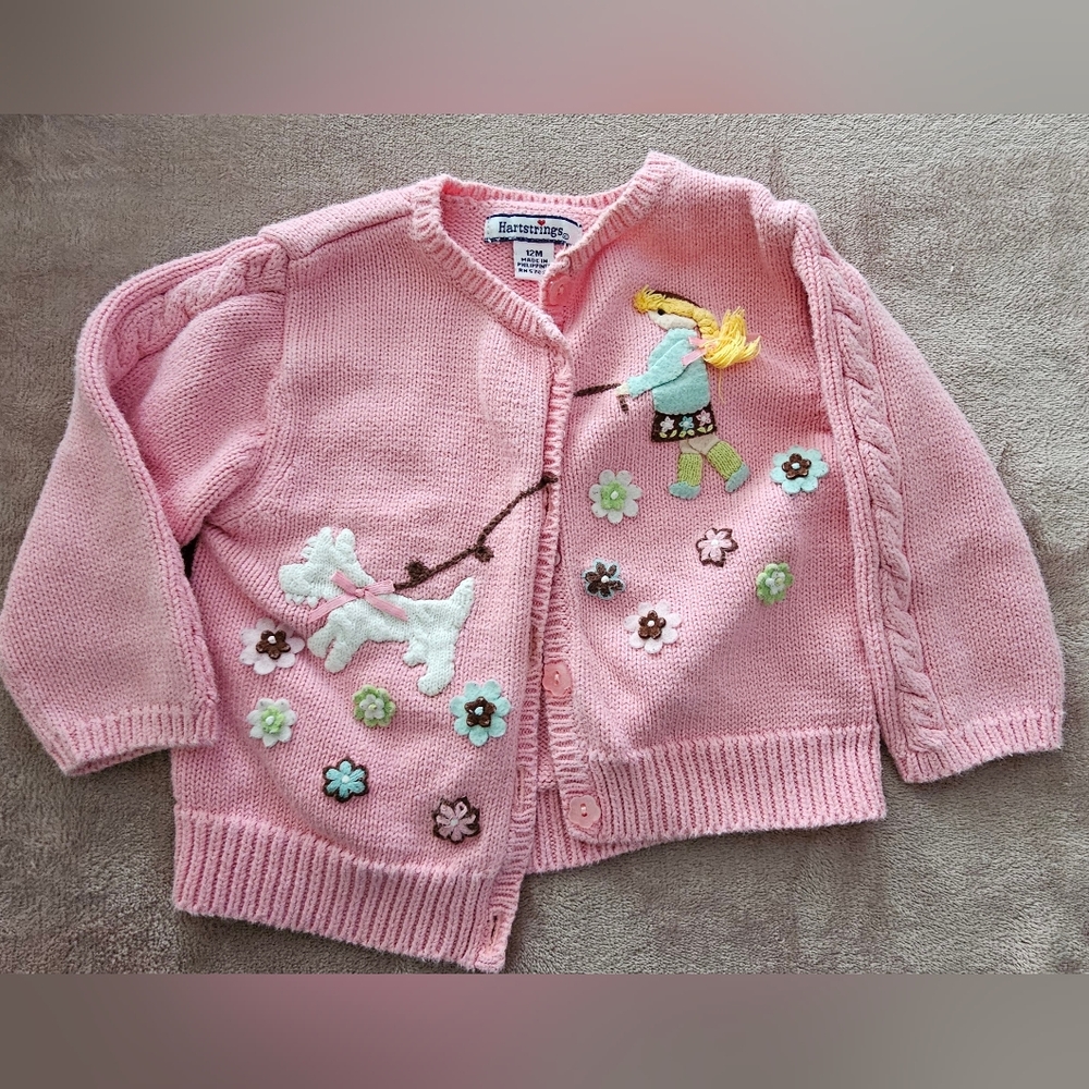 Vintage Hartstrings Pink Cardigan with Dog Walker Embroidered Design - 12M - Pin